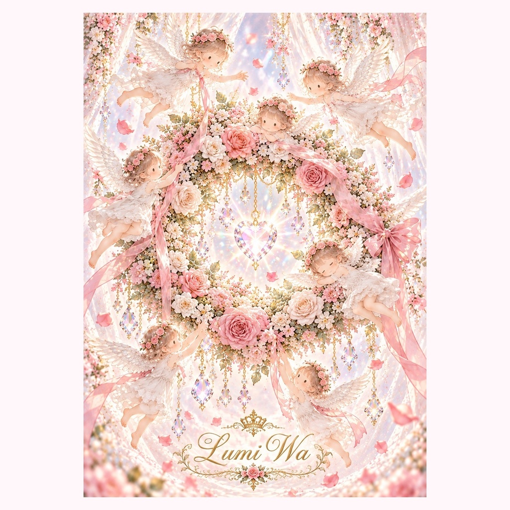 Lumi Wa「愛の輪」天使と薔薇のデザインペーパー 3枚セット|A4 癒し デジタルアート デジタルペーパー 調和 愛 光 クリスタル クリスマス エンジェル