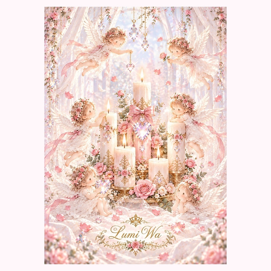 Lumi Wa「愛の輪」天使と薔薇のデザインペーパー 3枚セット|A4 癒し デジタルアート デジタルペーパー 調和 愛 光 クリスタル クリスマス エンジェル