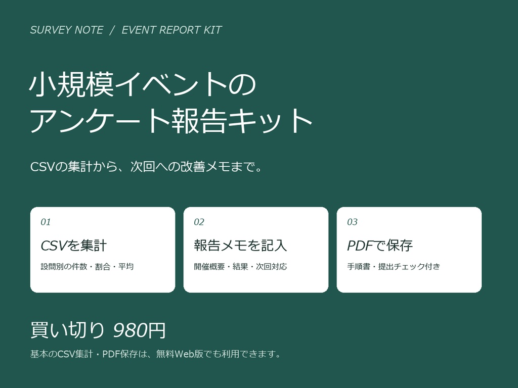 小規模イベントのアンケート報告キット｜CSV集計・開催概要・改善メモ