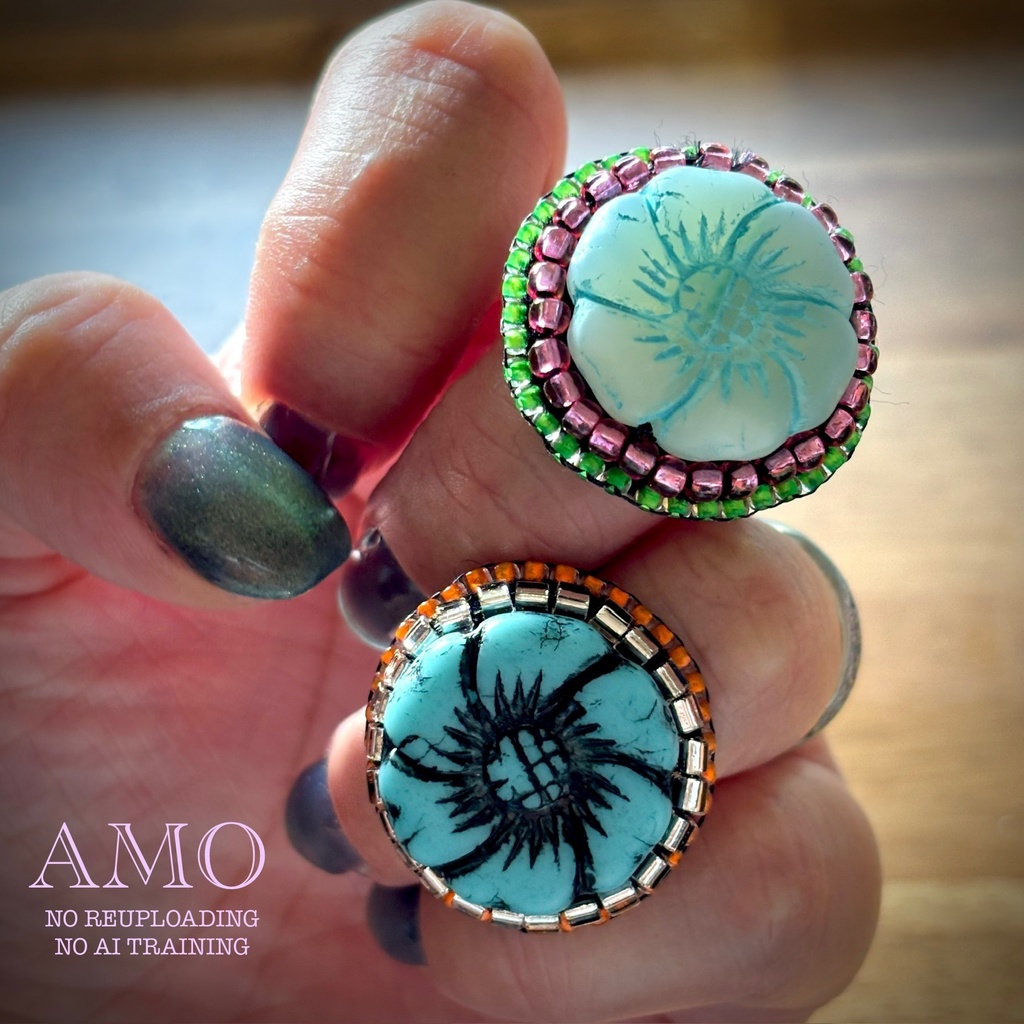 大きなお花のリング(ターコイズ×レッド)