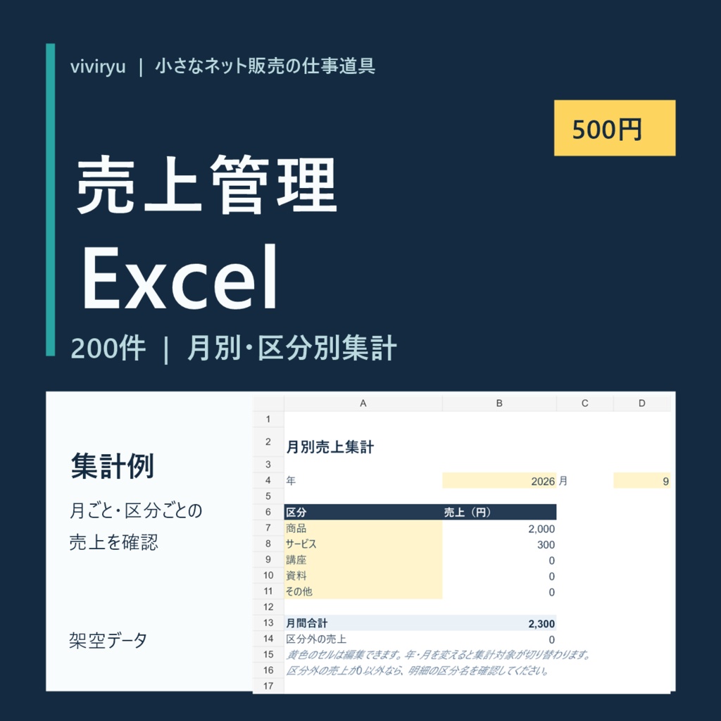 小さなネット販売の売上管理Excel|月別・区分別集計(200件)