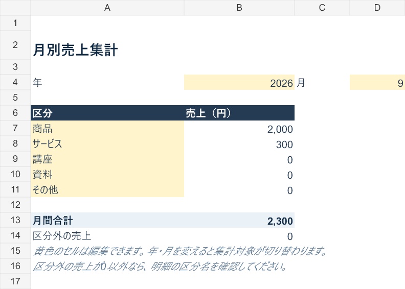 小さなネット販売の売上管理Excel|月別・区分別集計(200件)