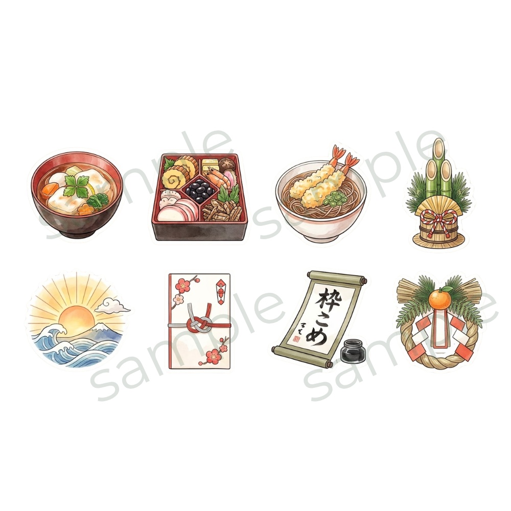 【デジタルステッカー】ほっこり和カフェのお正月モチーフ9種セット｜手帳・デコ・印刷用 PNG
