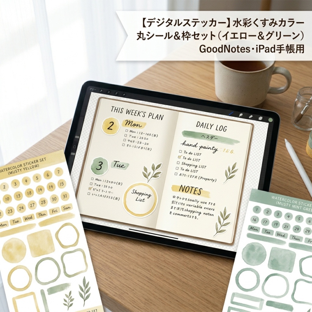 【デジタルステッカー】水彩くすみカラーの丸シール＆枠セット（イエロー＆ミントグリーン） GoodNotes・iPad手帳用