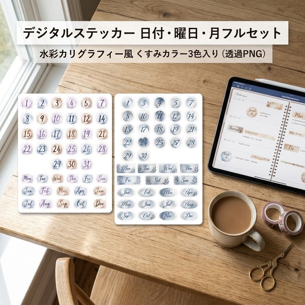 【デジタルステッカー】水彩くすみカラーの日付・曜日・月シートセット（透過PNG）