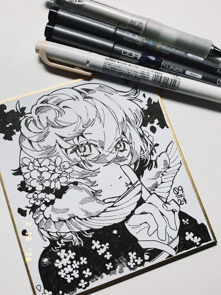 鶯・桜/ 色紙（白黒）