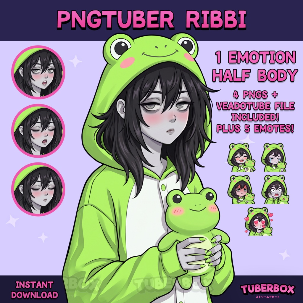 Female PNGTuber - Frog Hoodie Girl PNGTuber with Emotes - PNG Tuber Model - Twitch Avatar, GIFTuber - VeadoTube