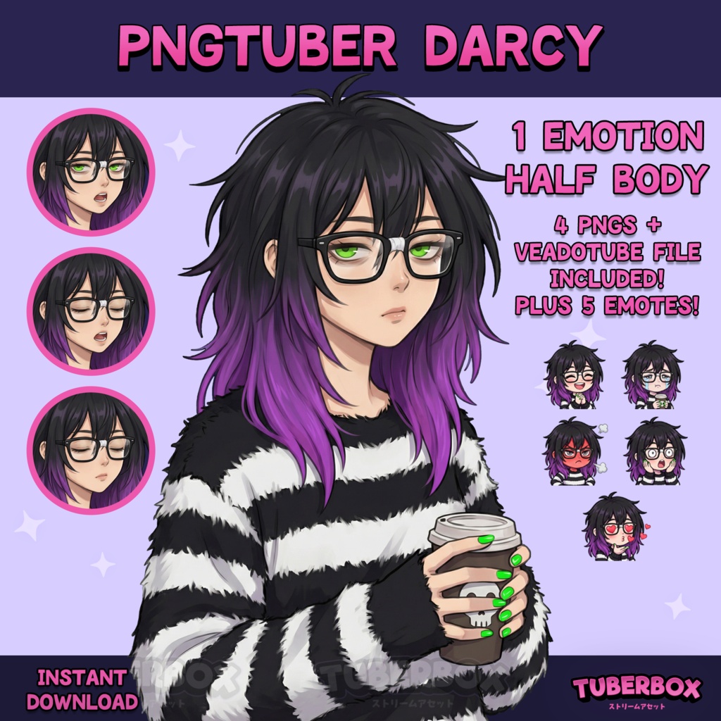 Female PNGTuber - Nerdy Premade PNGTuber Girl with Emotes - Cute PNG Tuber Model - VeadoTube - Twitch Avatar, GIFTuber - Instant Download 