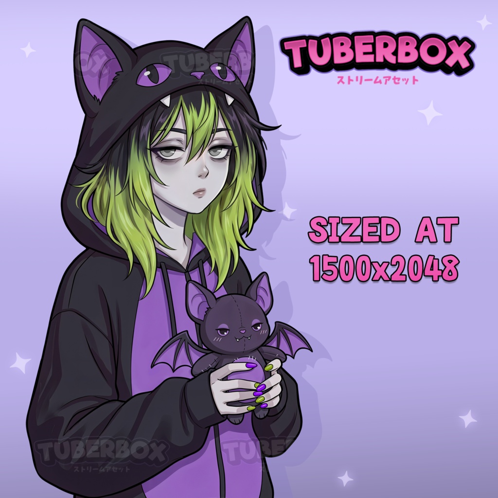 Female PNGTuber - Bat Hoodie Girl PNGTuber with Emotes - PNG Tuber Model - Twitch Avatar, GIFTuber - Emo PNGTuber
