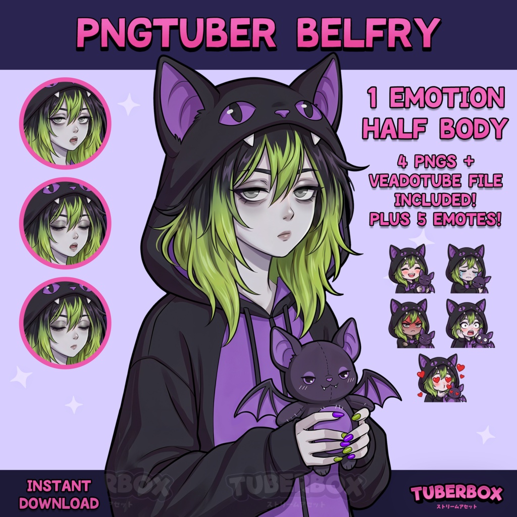 Female PNGTuber - Bat Hoodie Girl PNGTuber with Emotes - PNG Tuber Model - Twitch Avatar, GIFTuber - Emo PNGTuber