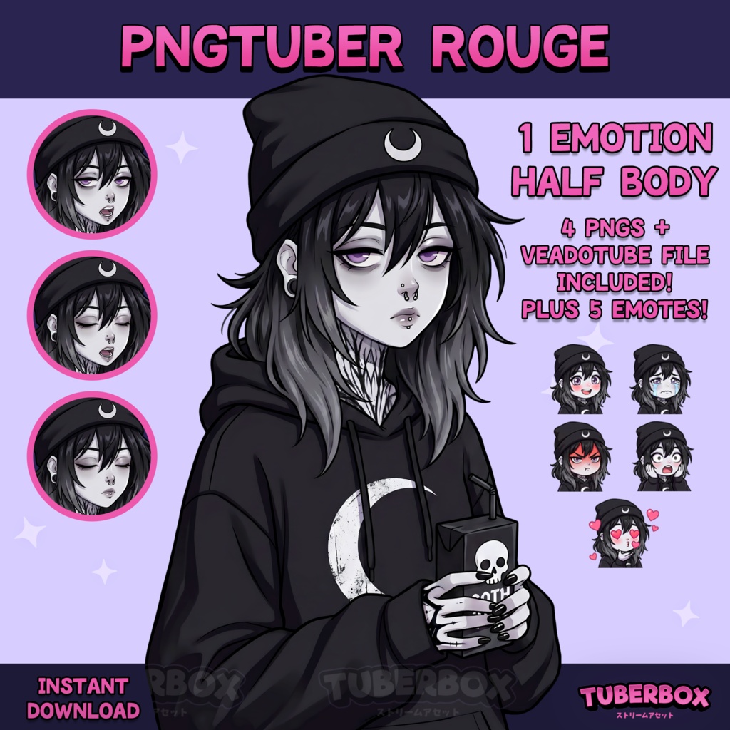 Female PNGTuber - Emo Premade PNGTuber Girl with Emotes - Black Hair Grunge PNG Tuber Model - Twitch Avatar, GIFTuber