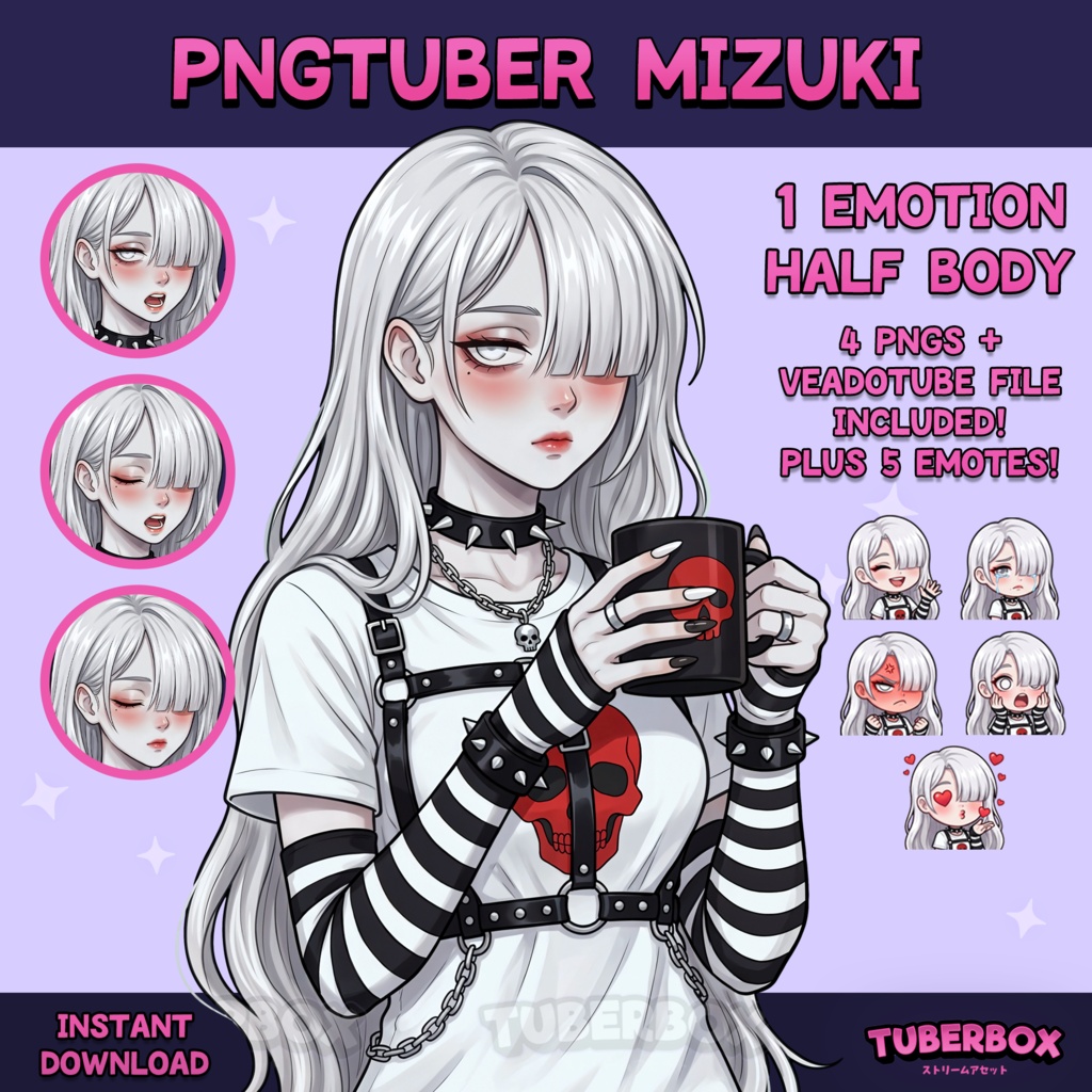 Female PNGTuber - White Hair Premade PNGTuber Girl with Emotes - Anime Punk Emo PNG Tuber Model - Twitch Avatar, GIFTuber 