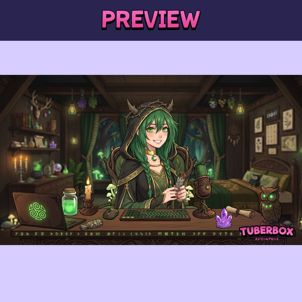 Female Premade PNGTuber Bundle - Earth Witch PNG Tuber Model - VeadoTube - Forest Cottage Vtuber Animated Background, VTuber Stream Assets