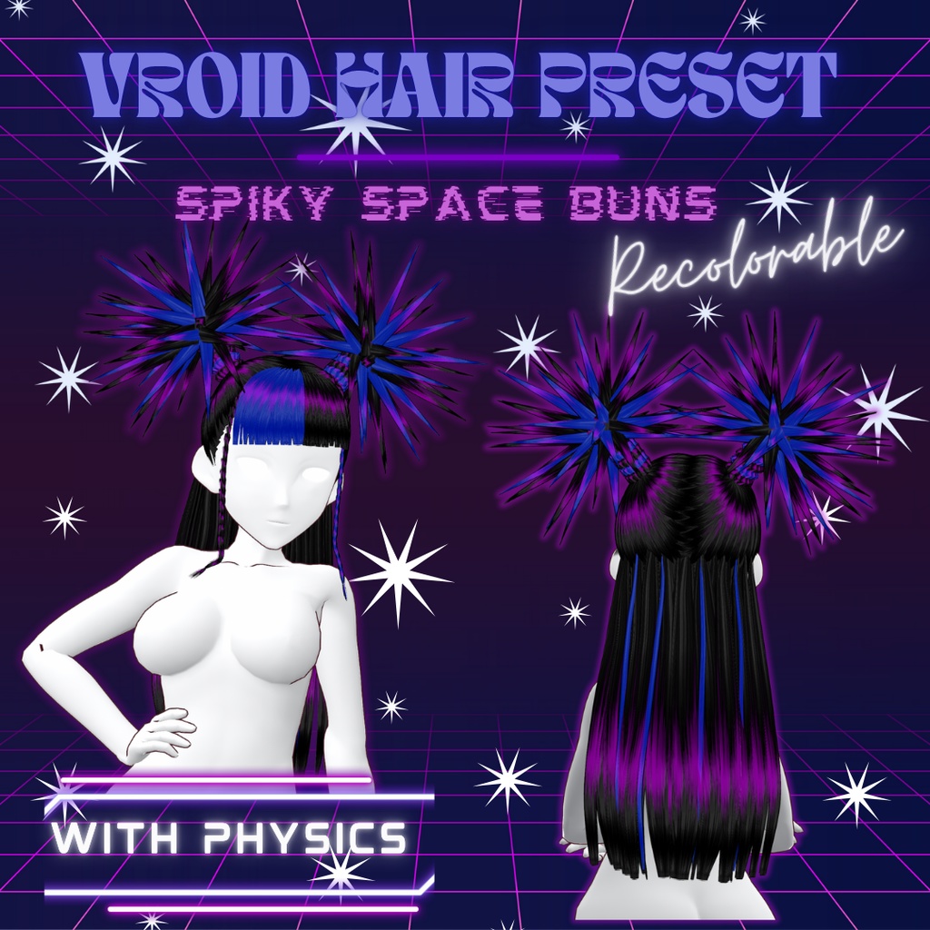 Spiky Space Buns | VRoid 髪型 Recolorable Hair Preset w/ Physics | 2 Versions | Punk | Alt | Cyber | Vtuber