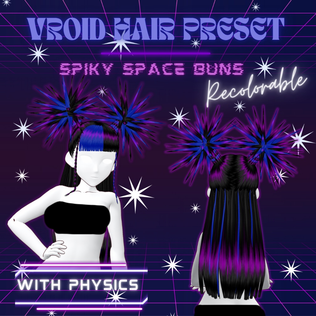 Spiky Space Buns | VRoid 髪型 Recolorable Hair Preset w/ Physics | 2 Versions | Punk | Alt | Cyber | Vtuber