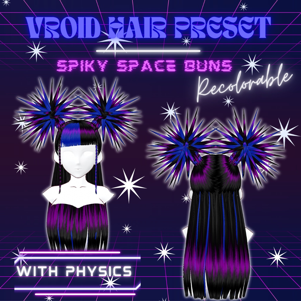 Spiky Space Buns | VRoid 髪型 Recolorable Hair Preset w/ Physics | Punk | Alt | Cyber | Vtuber | 3D Asset