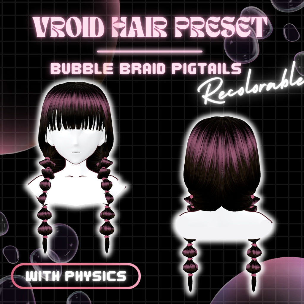 Bubble Braid Pigtails | VRoid 髪型 Recolorable Hair Preset w/ Physics | Y2K | 80s-90s | Alt | Vtuber | 3D Asset