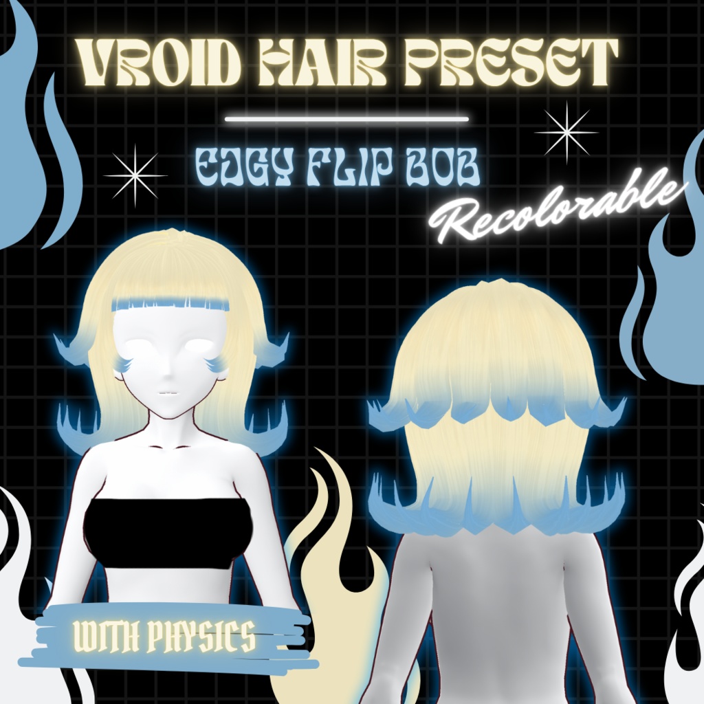 Edgy Flip Bob | VRoid 髪型 Recolorable Hair Preset w/ Physics | 3 Base Colors | Y2K | 60s | Alt | Vtuber