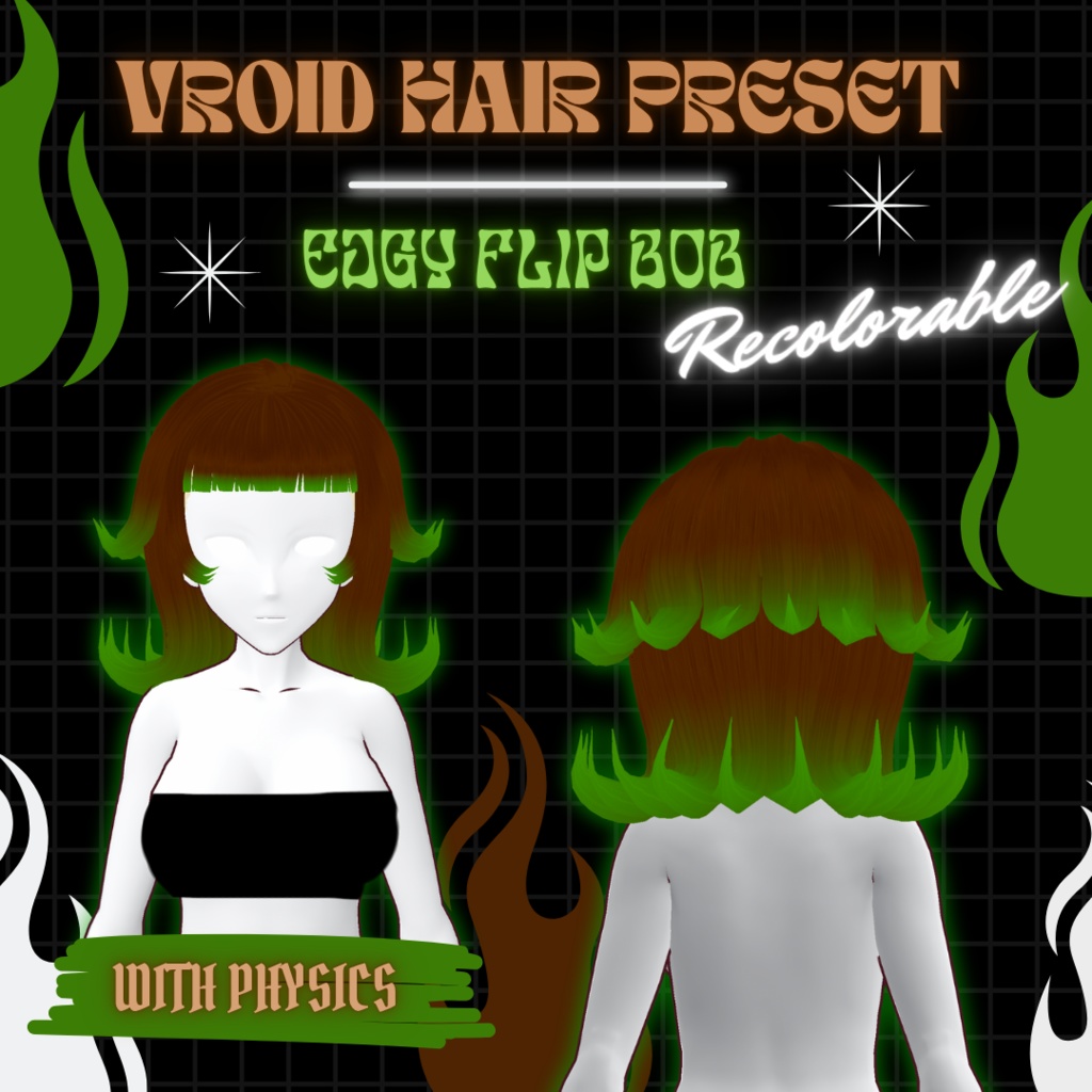 Edgy Flip Bob | VRoid 髪型 Recolorable Hair Preset w/ Physics | 3 Base Colors | Y2K | 60s | Alt | Vtuber