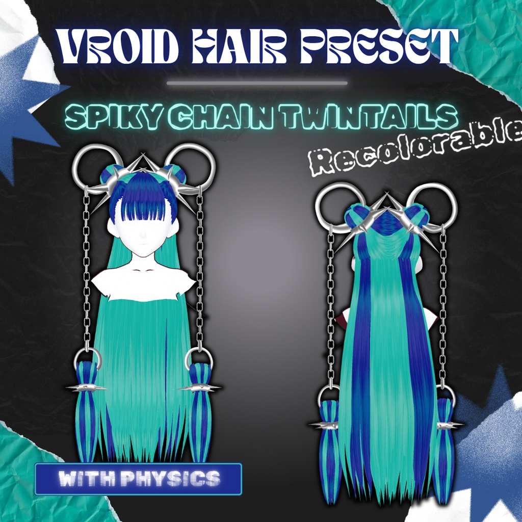 Spiky Chain Twintails | VRoid 髪型 Recolorable Hair Preset w/ Physics | Chains | Alternative | Punk | Vtuber | 3D Asset