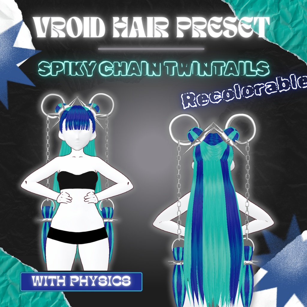 Spiky Chain Twintails | VRoid 髪型 Recolorable Hair Preset w/ Physics | Chains | Alternative | Punk | Vtuber