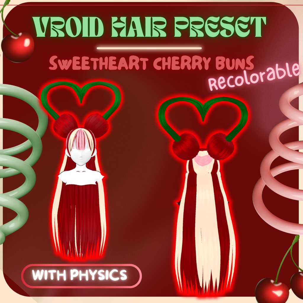 Sweetheart Cherry Buns | VRoid  髪型 Recolorable Hair Preset w/ Physics | VTuber 3D Assets