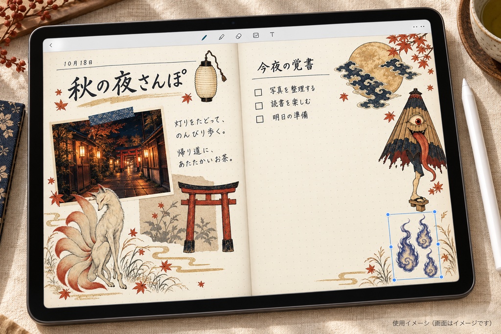 百鬼夜行図|浮世絵風の妖怪|デジタル版 背景透過PNG ステッカー24点+パーツ17点|手帳アプリ用