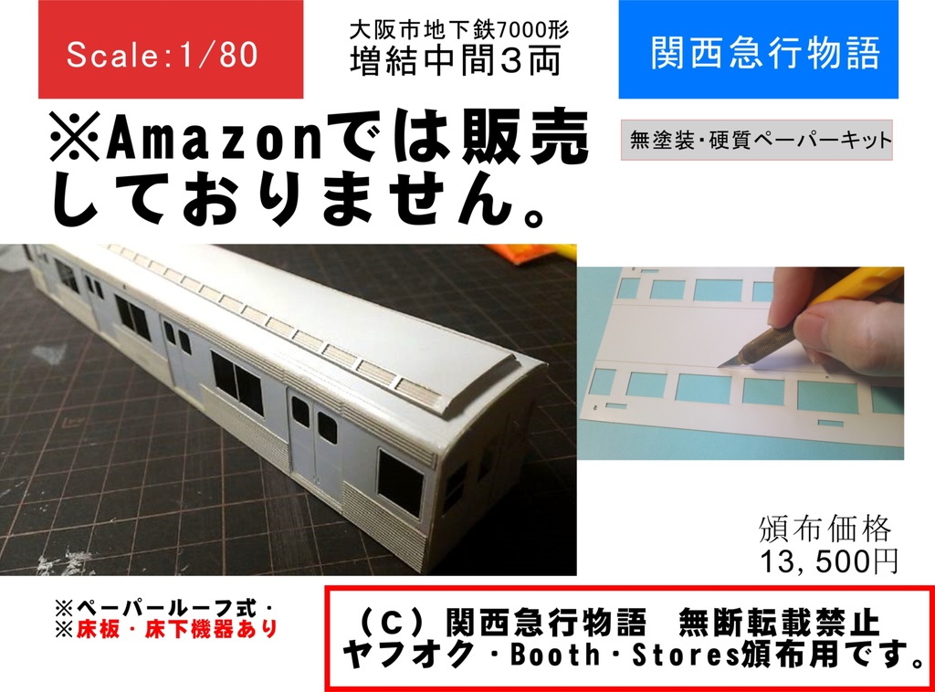 【1/80】大阪市地下鉄7000形増結用中間３両（M1＋T＋M2)（要組立・未塗装）床板、床下機器付き