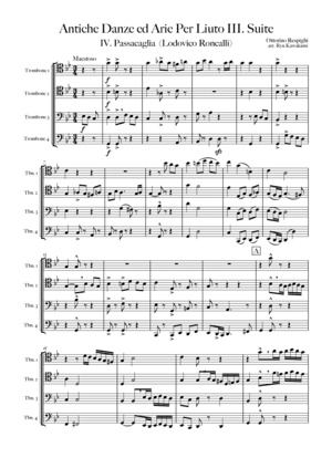 【トロンボーン四重奏】リュートのための古風な舞曲とアリア第三組曲よりパッサカリア（O.レスピーギ）編曲楽譜