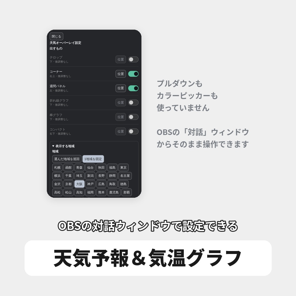 OBS用 天気予報オーバーレイ|全国対応・6デザイン / Stream Weather for OBS