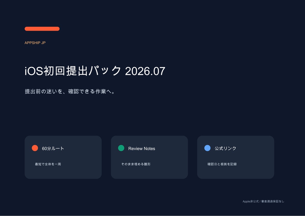 AppShip JP|iOS App Store審査 初回提出パック 2026.07【チェックリスト・Review Notes雛形】