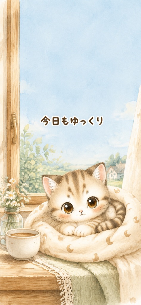 【スマホ壁紙4枚＋印刷カード8枚】ねふりぃのやさしい気づかいセット｜猫・癒し・デジタル素材