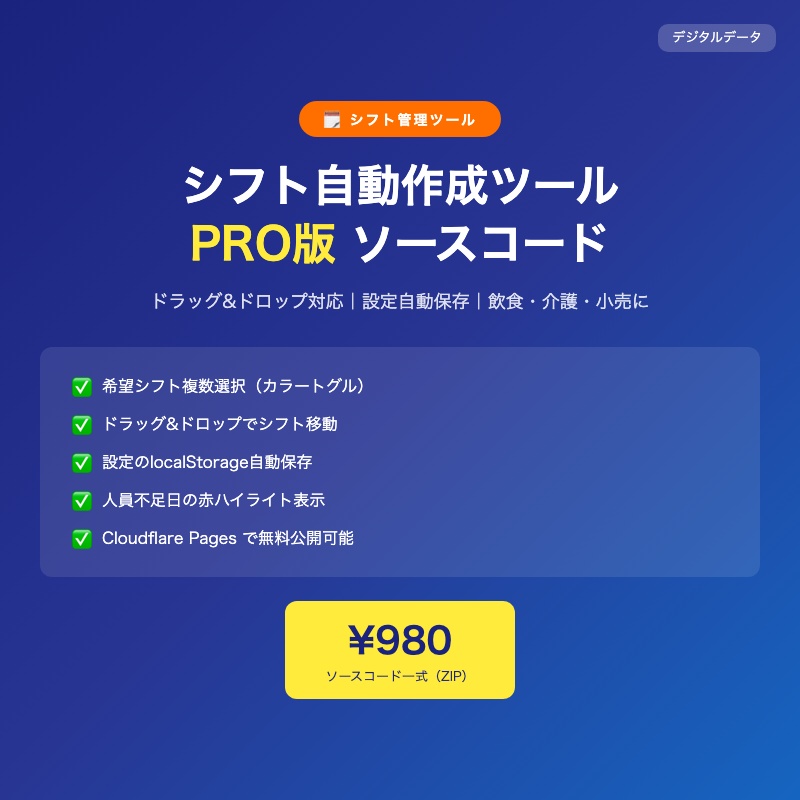 シフト自動作成ツール ソースコード｜Next.js Webアプリ・飲食店 介護対応 ドラッグ&ドロップ【PRO版】