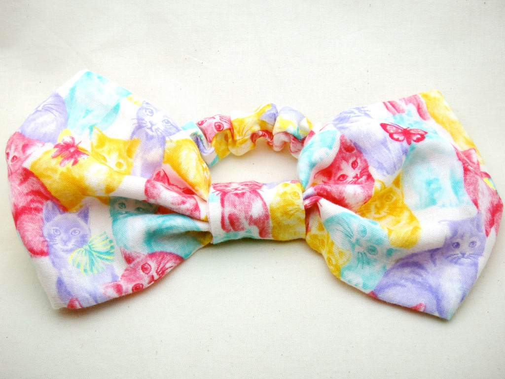 ☆sale☆ネコ柄のガーゼリボンヘアバンド(カラフル)