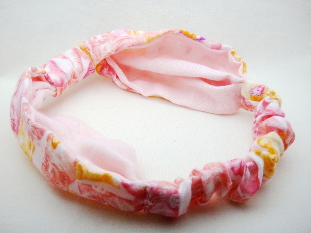 ☆sale☆ネコ柄のガーゼリボンヘアバンド (ピンク)