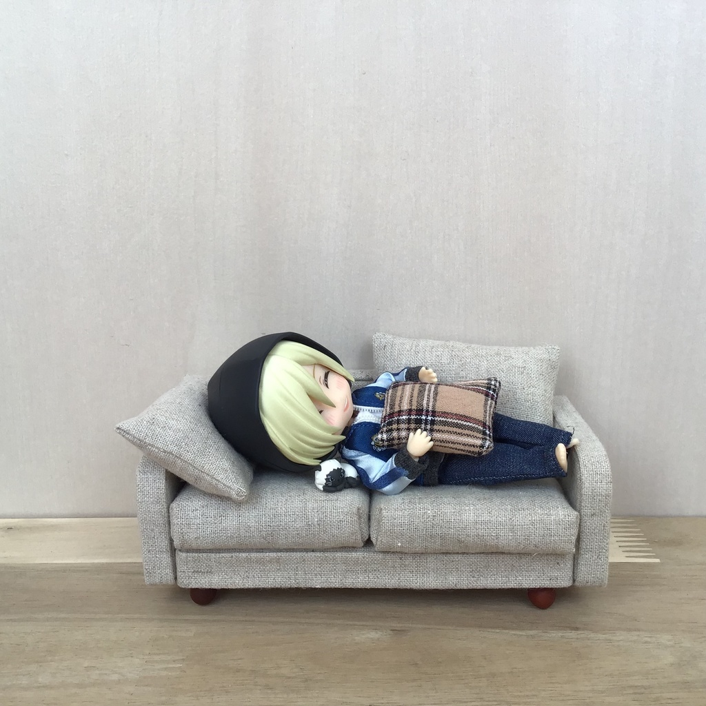 ドール用 リネン ファブリックソファ ミニチュア家具 木製