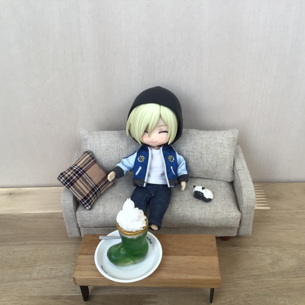 ドール用 リネン ファブリックソファ ミニチュア家具 木製