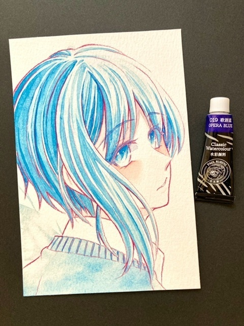 【ポストカード】単色風ドローイング 原画 【水彩 青】