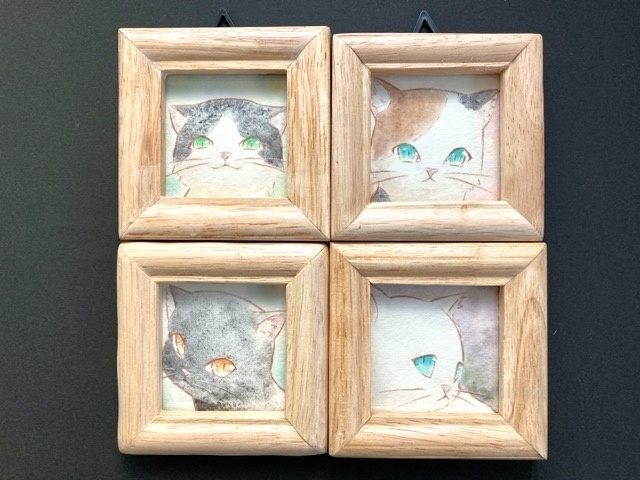 額縁付き【5.5cm角】 カラーイラスト 原画 【猫】