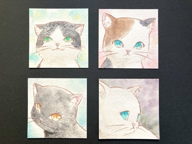 額縁付き【5.5cm角】 カラーイラスト 原画 【猫】