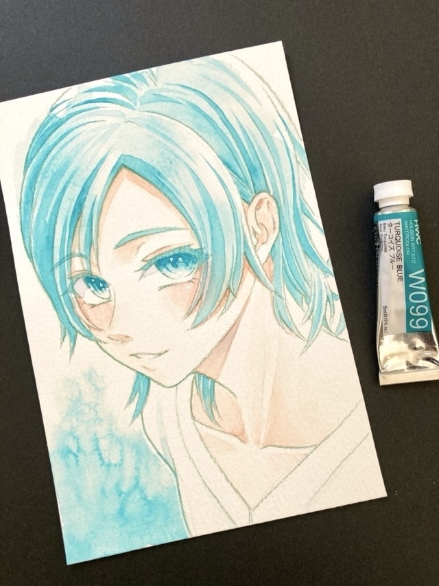 【ポストカード】単色風ドローイング 原画 【水彩 ターコイズ】