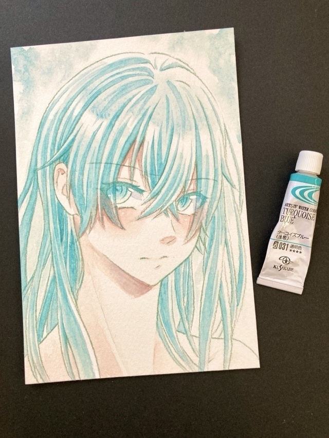【ポストカード】単色風ドローイング 原画 【水彩 ターコイズ】