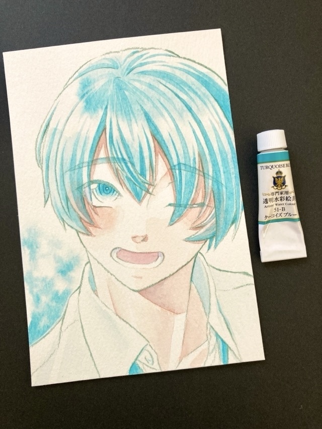 【ポストカード】単色風ドローイング 原画 【水彩 ターコイズ】