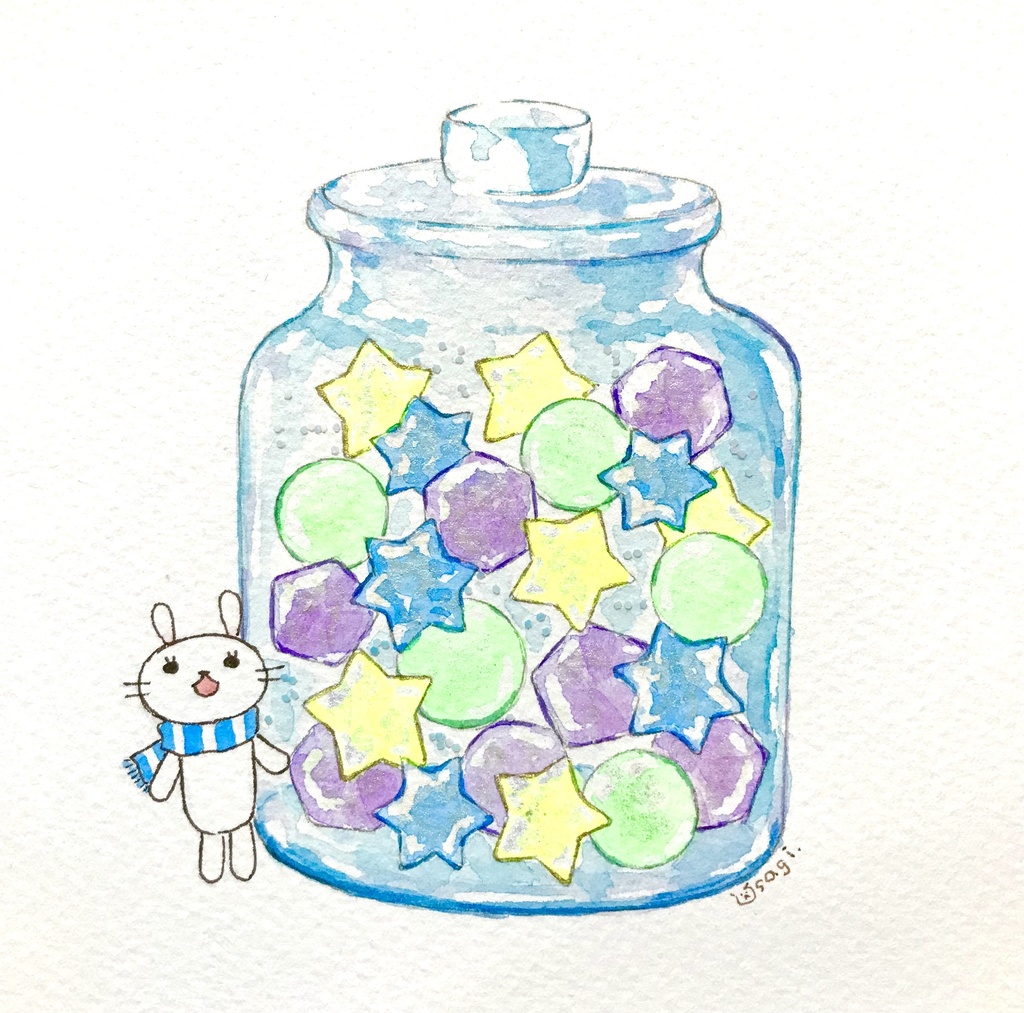 流れ星の瓶詰め（イラスト原画）ウサギ.