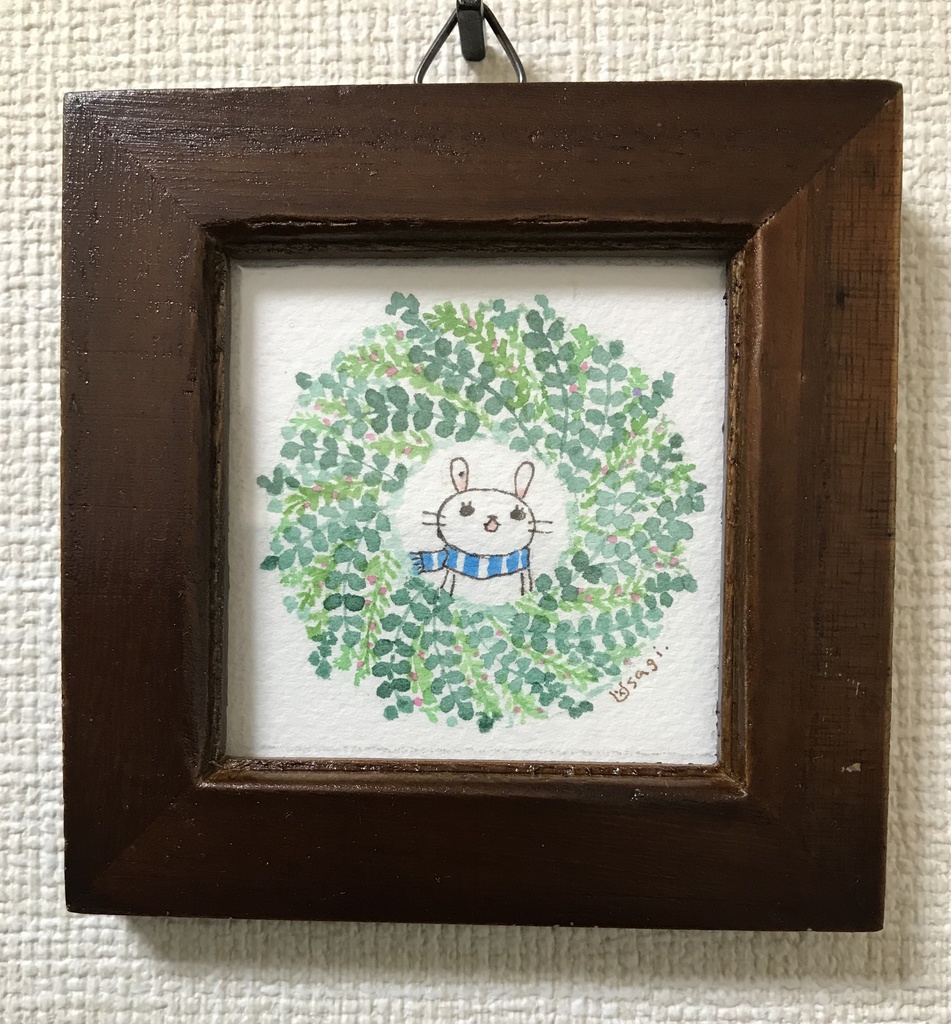 グリーンリースのミニ額（額付きイラスト原画）ウサギ.