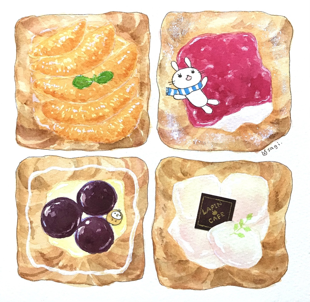 デニッシュ4個（イラスト原画）ウサギ.