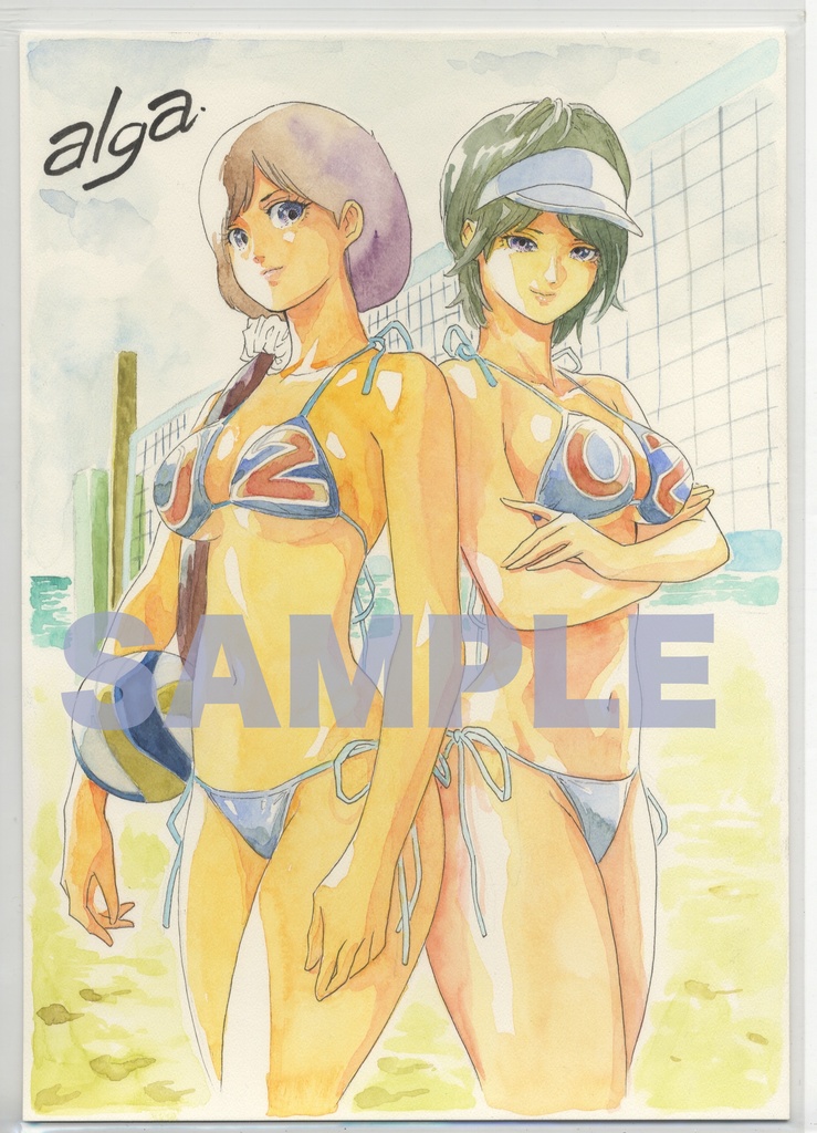 【直筆イラストサイン入り・イラストボード】 「 Beach! Beach!! Beace!!! 」  七伯キリカと安藤紀子の友情