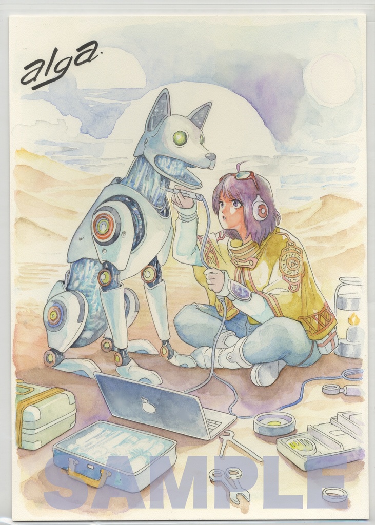 【直筆イラストサイン入り・イラストボード】「ヨーコ・アークライトの彷徨い星航記」  捨て犬ロボ