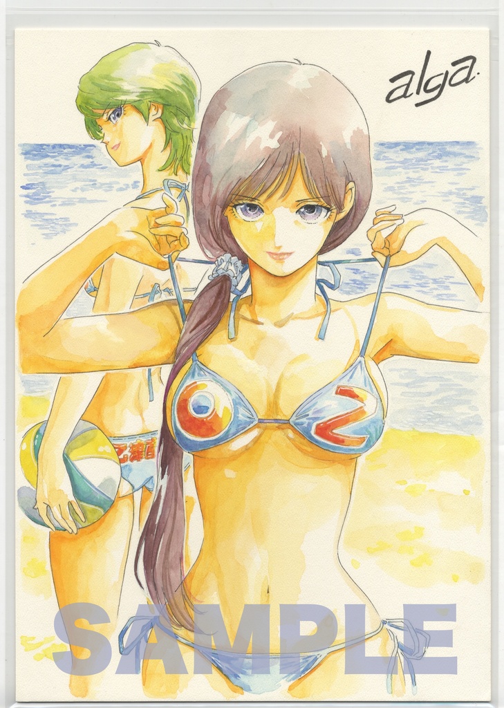 【直筆イラストサイン入り・イラストボード】 「 Beach! Beach!! Beace!!! 」  七伯キリカ&安藤紀子・闘志