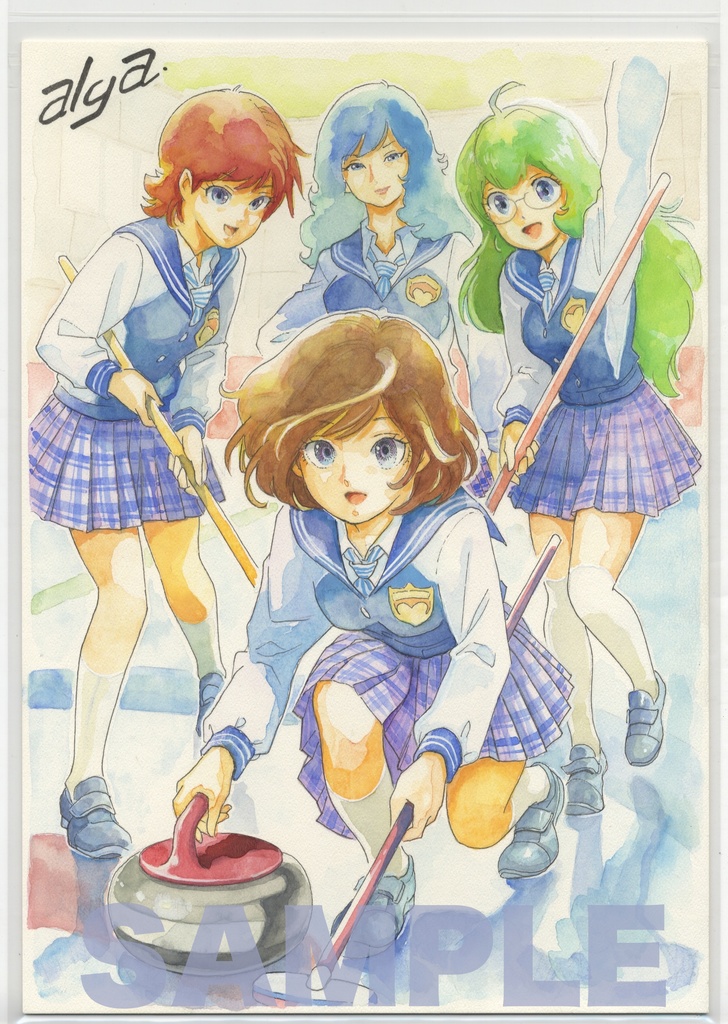 【直筆イラストサイン入り・イラストボード】「新作・カーラー漫画」  氷上の4人